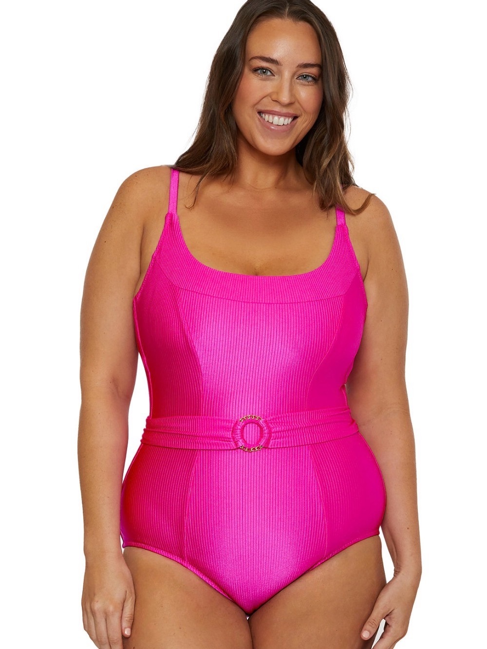 Becca ETC Plus Size Ring Belted Rib One-Piece Swimsuit, 1X(16-18), pink. R9A
